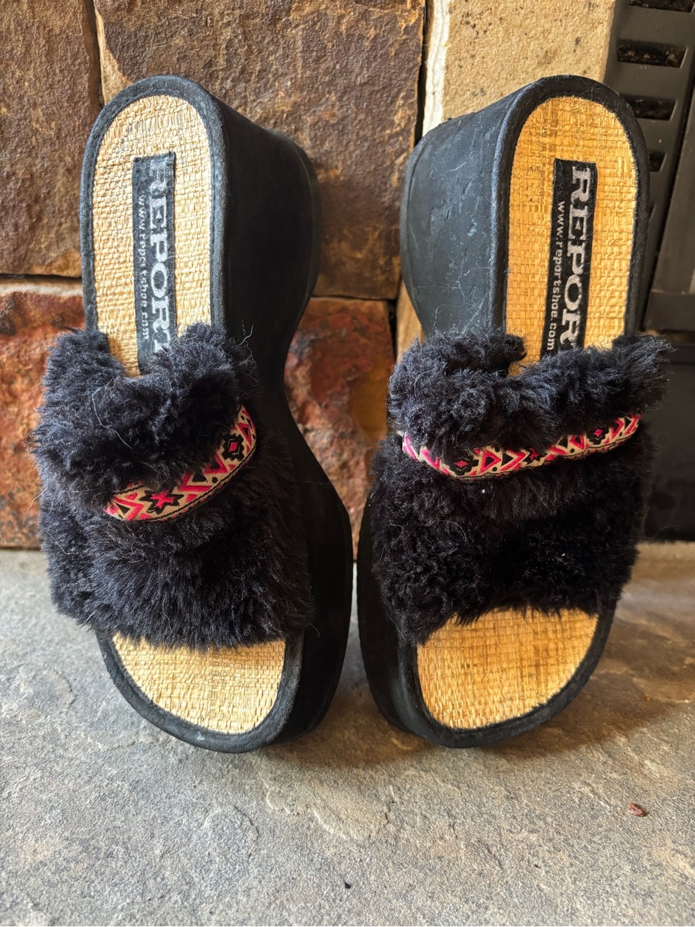 Report Black Faux Fur Platform Slide Mules with Pink Accent Trim